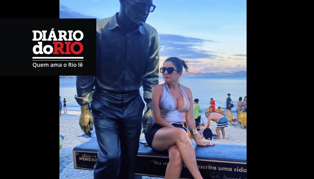 Imagem do projeto Estátuas do Rio com estátua de homem ao lado de mulher sentada na orla e marca do Diário do Rio