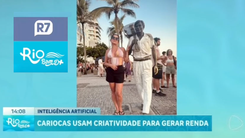 Tela do programa Rio Bom D+ no Portal R7 com mulher ao lado de uma estátua em calçada carioca e grafismo azul