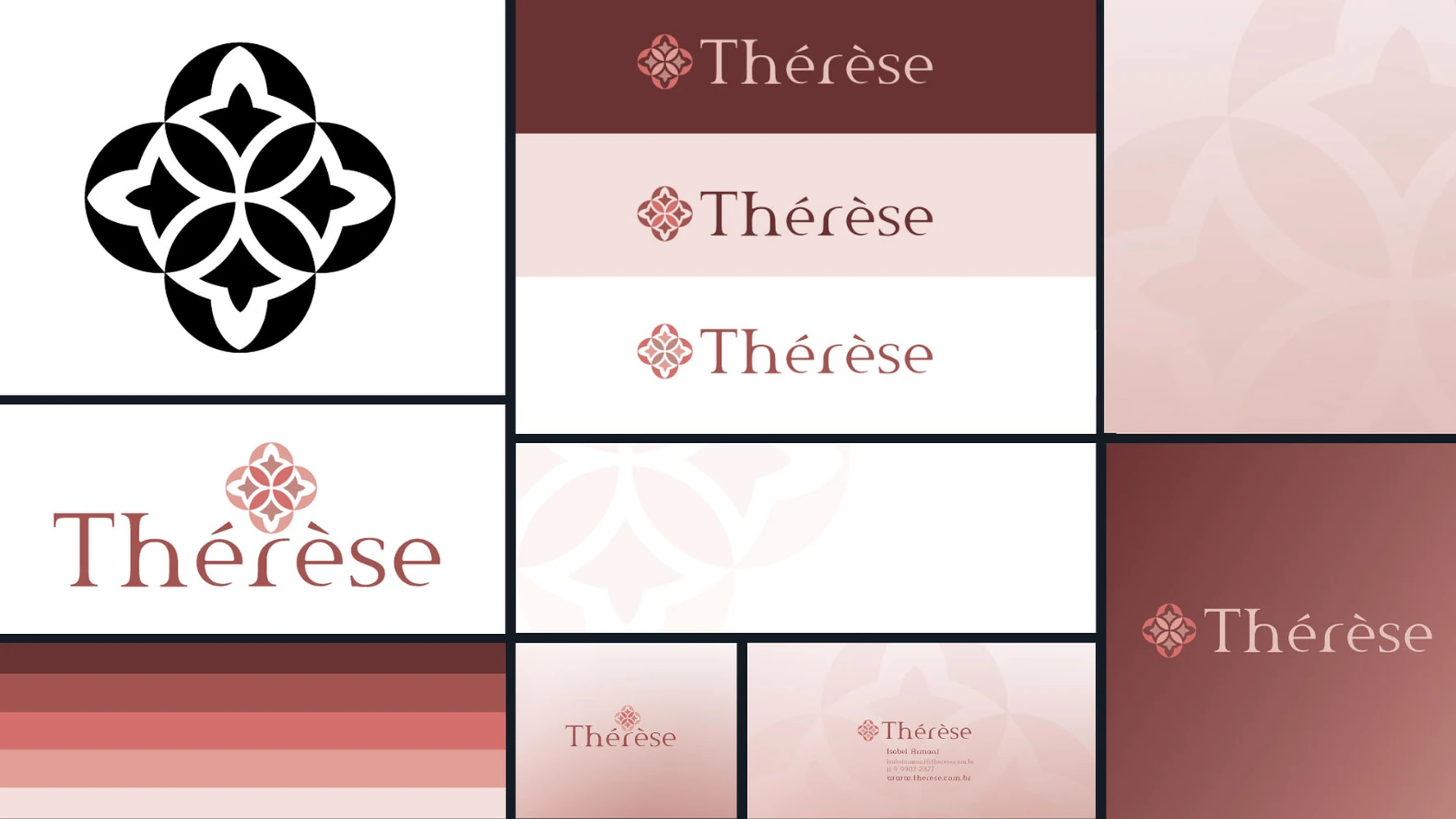 Apresentação completa da marca Thérèse em rosa e marrom - design gráfico da Sardinha17.