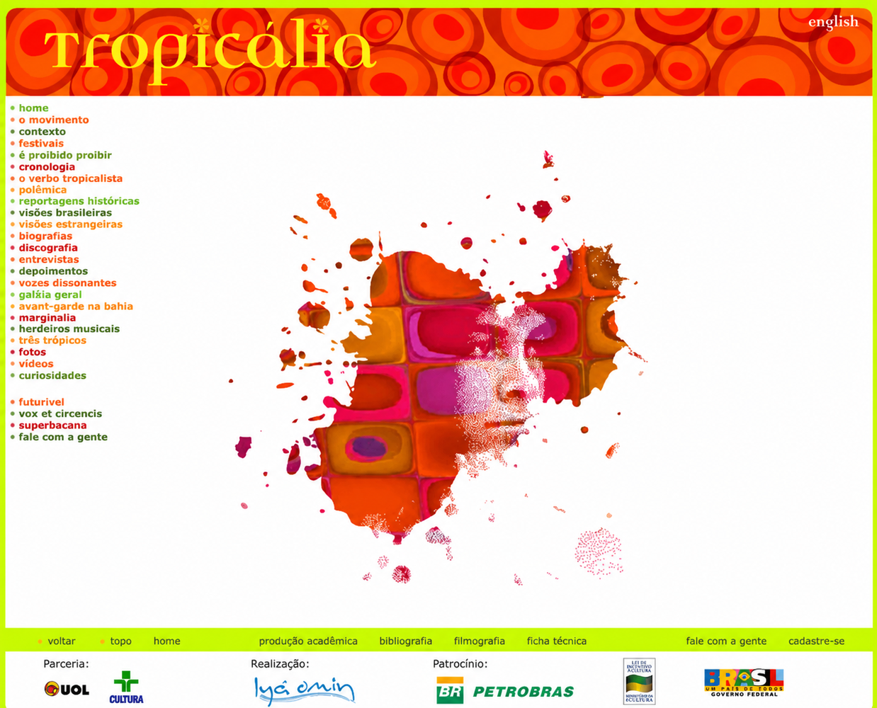 Tela de abertura do site Tropicália com composição abstrata de cores sobre fundo branco e cabeçalho laranja. Elementos visíveis: arte abstrata, mancha cromática, interface, navegação, web design, direção de arte, branco, laranja e cores vibrantes. Projeto do portfólio de Eduardo Sardinha / Sardinha17.