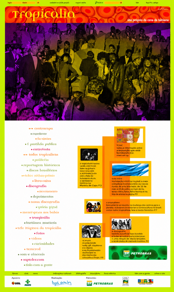 Página do site Tropicália com agenda, conteúdo musical, fotografias de apresentação e blocos editoriais coloridos. Elementos visíveis: música ao vivo, palco, calendário, navegação, interface, web design, design editorial e cores vibrantes. Projeto do portfólio de Eduardo Sardinha / Sardinha17.