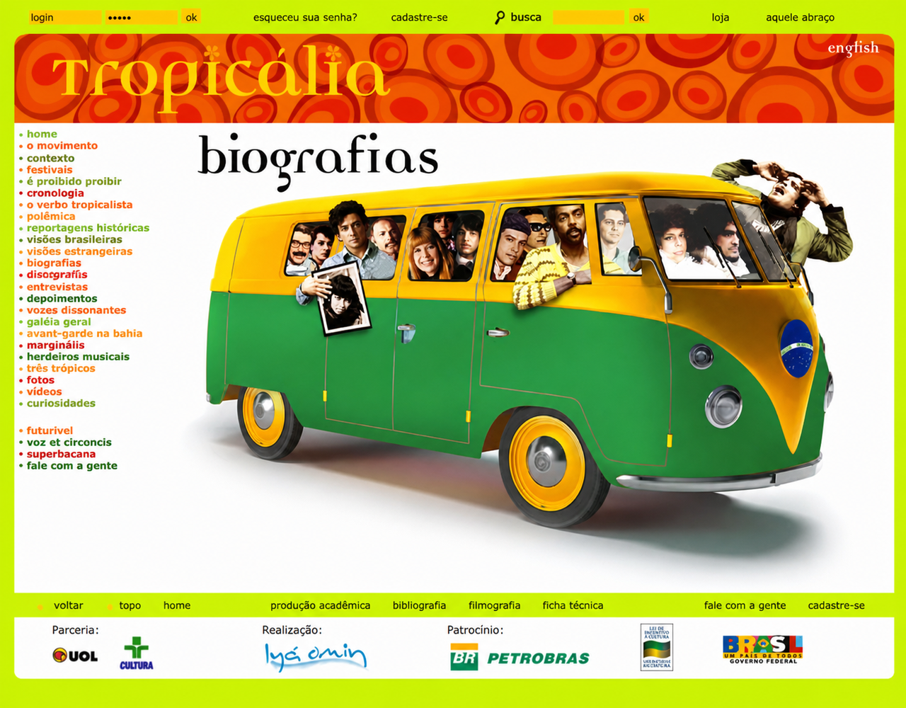 Página da seção de biografias do site Tropicália, com Kombi ilustrada, retratos de músicos, navegação e paleta verde e amarela. Elementos visíveis: música brasileira, artistas, cultura, colagem, veículo, interface, web design e identidade visual. Projeto do portfólio de Eduardo Sardinha / Sardinha17.