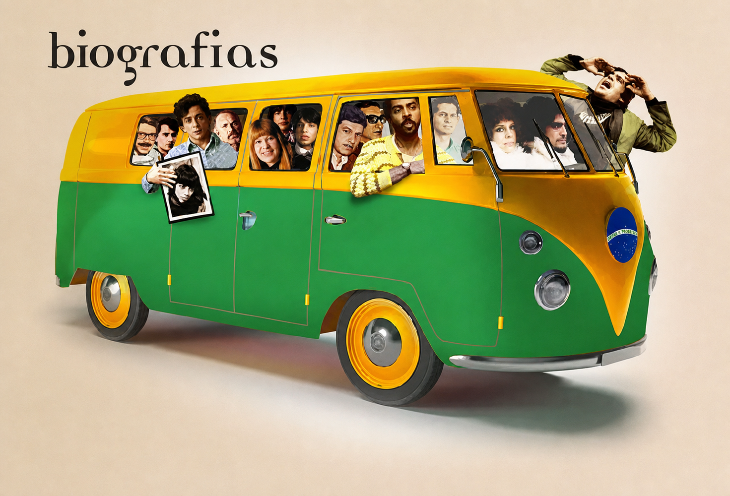 Ilustração da seção de biografias do site Tropicália com músicos dentro de uma Kombi verde e amarela.