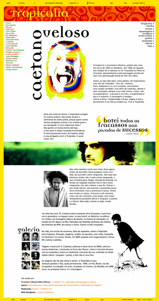 Página editorial do site Tropicália dedicada a Caetano Veloso, com retrato ilustrado em cores, fotografias de arquivo, citação tipográfica, galeria e texto biográfico. Elementos visíveis: web design, interface, tipografia, ilustração, colagem, fotografia, amarelo, vermelho, preto e cultura brasileira. Projeto do portfólio de Eduardo Sardinha / Sardinha17.