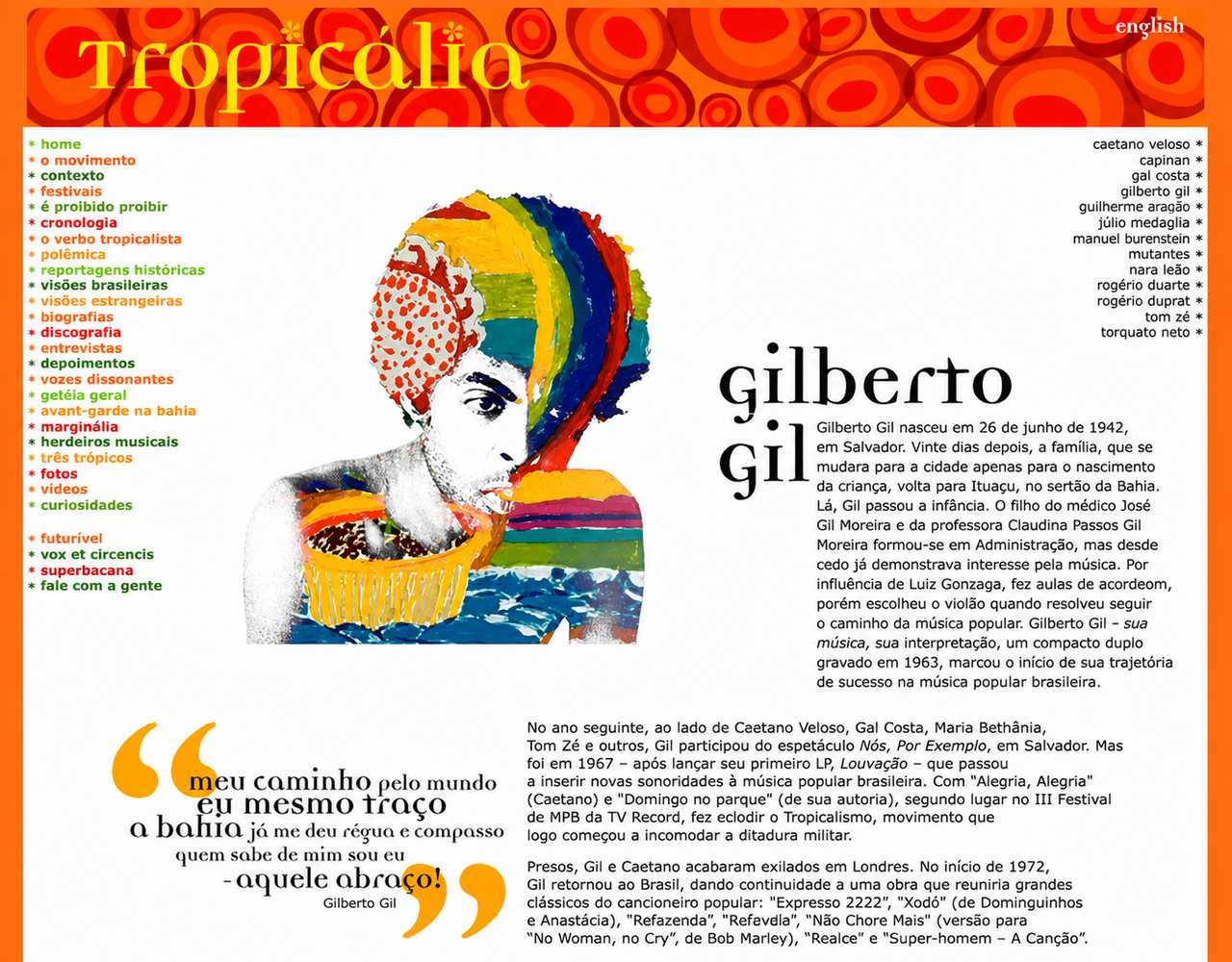 Página biográfica do site Tropicália dedicada a Gilberto Gil, com retrato ilustrado, conteúdo editorial, navegação lateral e paleta laranja e vermelha. Elementos visíveis: músico, compositor, tropicalismo, ilustração, tipografia, web design e design gráfico. Projeto do portfólio de Eduardo Sardinha / Sardinha17.