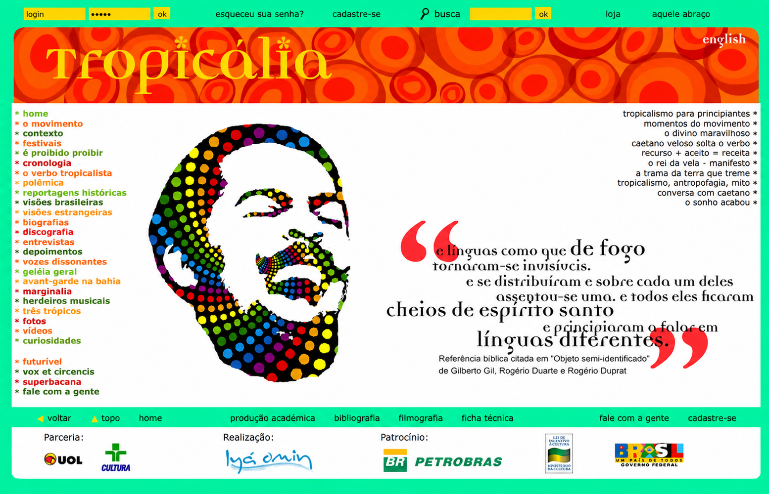 Página do site Tropicália com retrato gráfico de Gilberto Gil construído por pontos coloridos e grande composição tipográfica. Elementos visíveis: músico, compositor, tropicalismo, arte pop, retícula, citação, web design, verde, laranja, vermelho, azul e amarelo. Projeto do portfólio de Eduardo Sardinha / Sardinha17.