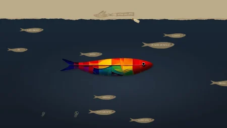 Página inicial do portfólio Sardinha17 com peixe colorido e cardume de links para sites, design gráfico, logotipos e inteligência artificial
