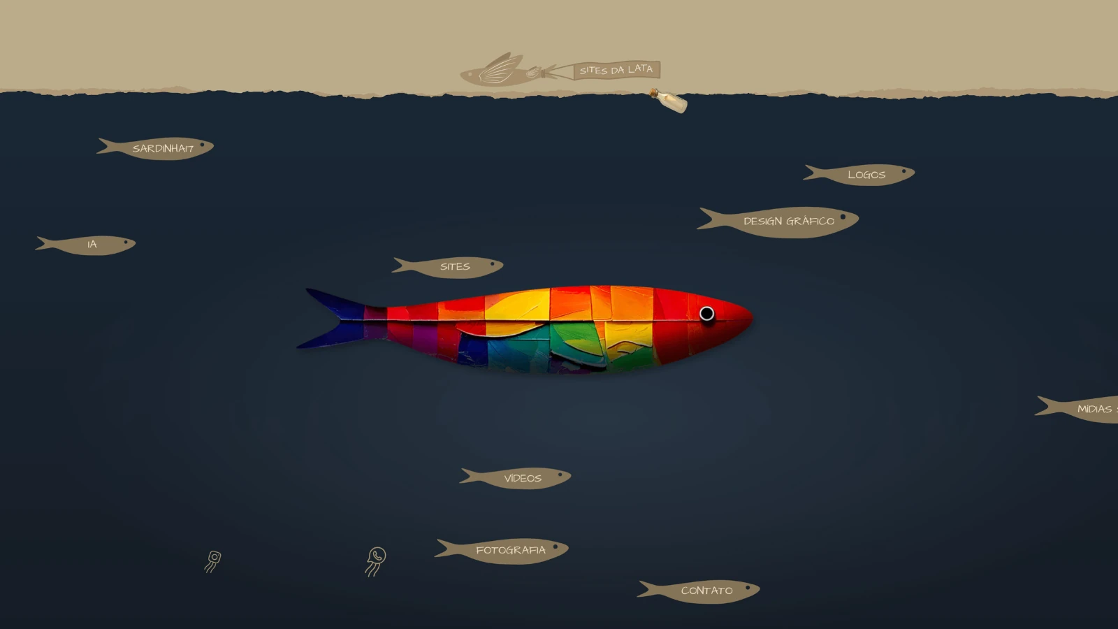Página inicial do portfólio Sardinha17 com peixe colorido e cardume de links para sites, design gráfico, logotipos e inteligência artificial